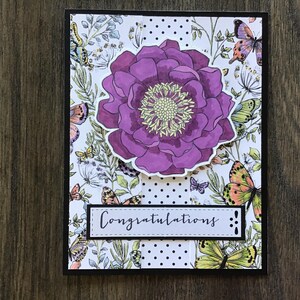 Hand Stamped Congratulations Card: Purple Flower, Blank Inside