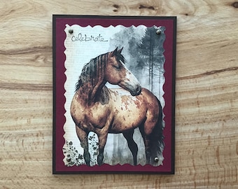 Horse Birthday Card: layered printed paper, and acrylic brass colored dots