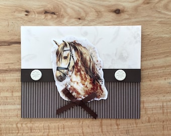 Horse Birthday Card: glossy horse image, brads, and ribbon bow