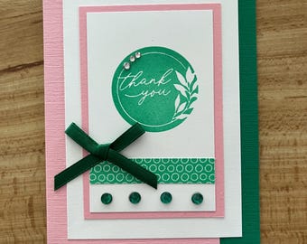 Hand Stamped Thank You Card: Crystals & Ribbon Detail