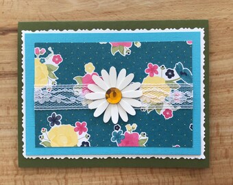 Floral Birthday Card: layered paper, die cut flower with rhinestone center and lace