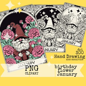 Flowerbirthmonth, cartes de tarot nain, fleur anniversaire mensuel, téléchargement numérique, art de nain de café, clipart PNG, art de dessin à la main, nain drôle