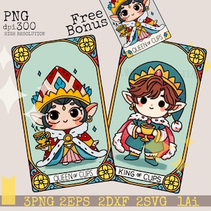 Cartas divertidas del tarot de la menor de copas, reina de copas, rey de copas, tarjetas de San Valentín para parejas, tarjetas de amor PNG, cartas de tarot de cómic dibujadas, arcanos menores