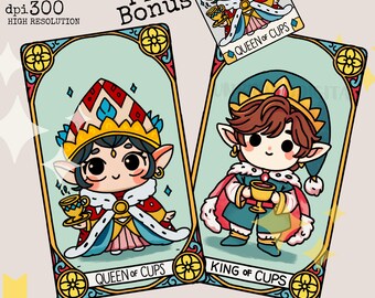Hand-Drawn King & Queen of Cups Tarot Cards, Comic Style (Digital Files)