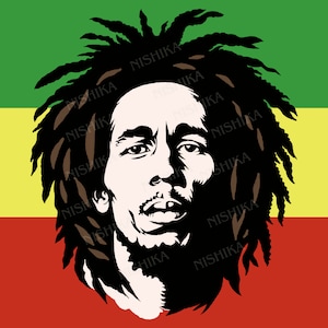 May include: Black and white silhouette of Bob Marley with dreadlocks against a red, yellow, and green background.