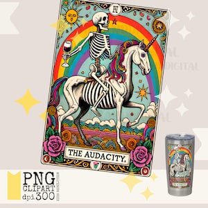 Carte de tarot Audacity, carte squelette vintage, humour licorne squelette, cool licorne tendance, T-shirt PNG, téléchargement numérique, cartes de tarot indépendant