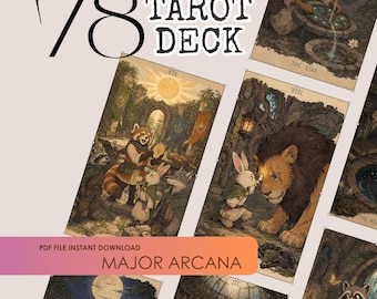 May include: A 78 tarot deck featuring illustrated cards with anthropomorphic animals in fantasy settings. The cards display scenes like a red panda, a rabbit with a lion, and a deer. The text reads 78 TAROT DECK and MAJOR ARCANA.