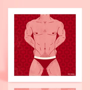 Könnte beinhalten: Eine digitale Illustration eines Oberkörpers einer Person in rot-weißer Unterwäsche vor einem roten Hintergrund mit geometrischem Muster. Der Text "NICK URBANIAK" befindet sich unten rechts im Bild.