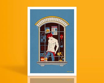 Ragno supereroe che si spoglia alla finestra dell'appartamento / Illustrazione gay stampa artistica