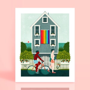 Provincetown Wharf House met Pride-vlag | Gay en queer illustratiekunstafdruk