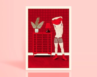 Hombre en calzoncillos desvistiéndose en un dormitorio con papel tapiz retro de inspiración rojo cereza: lámina ilustrada gay