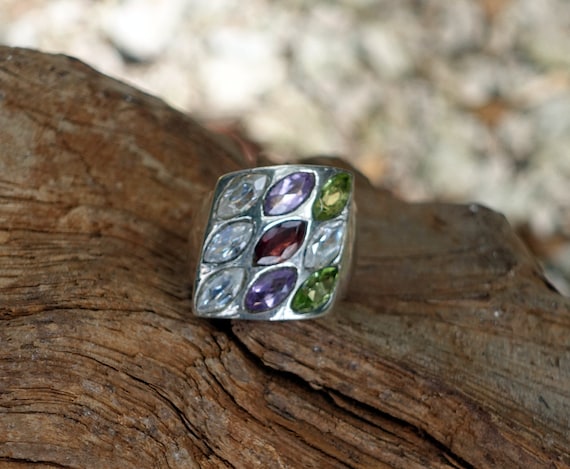 Large Silver Statement Ring, Amethyst, Garnet, Pe… - image 1