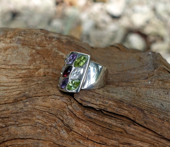 Large Silver Statement Ring, Amethyst, Garnet, Pe… - image 2