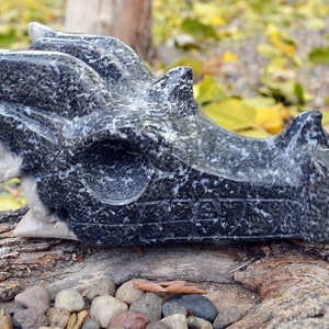 May include: A detailed sculpture of a dragon's head, carved from black and white speckled stone. The dragon's skull features intricate details, including eye sockets, teeth, and textured scales. The sculpture is displayed on a weathered wooden surface.