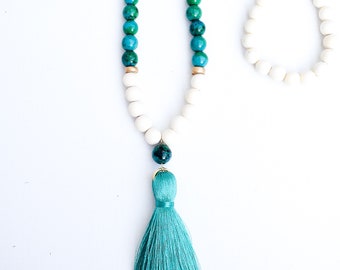 Peace and Harmony Beaded Tassel Necklace Peace Jade Mint Green