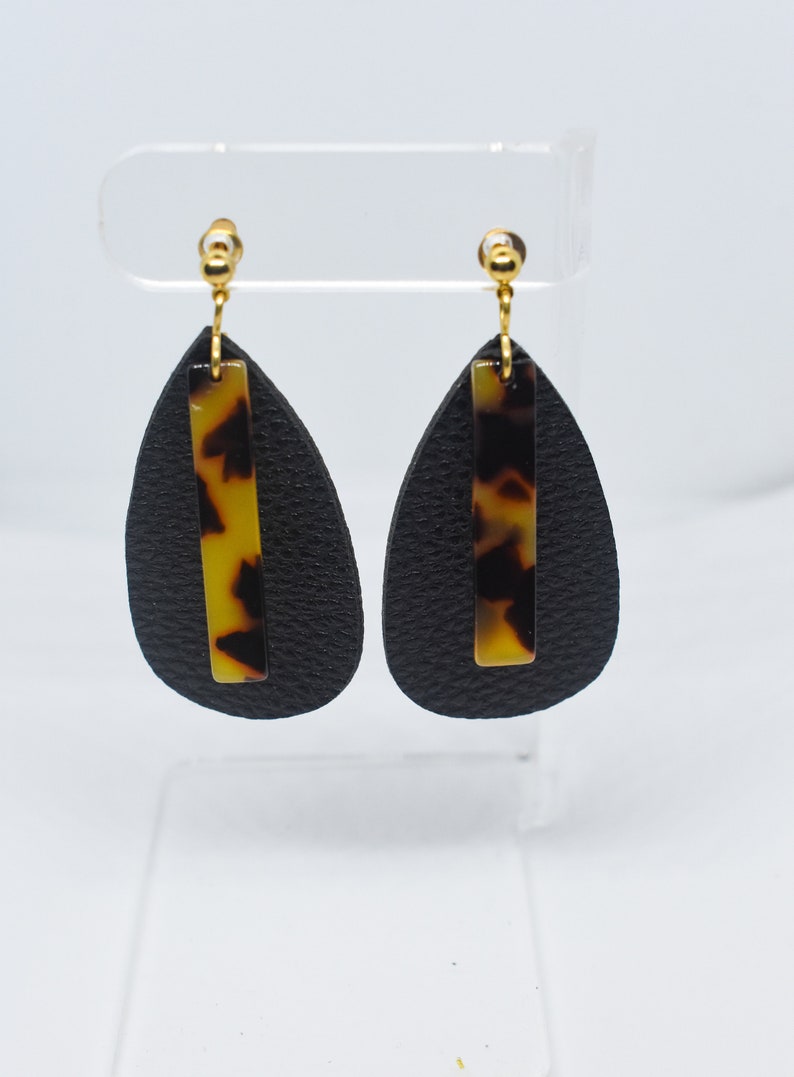 Black Leather Earrings Tortoise Shell Dangles, Teardrop Earrings Statement Earrings Leather Earrings Black Leather Teardrop Earrings