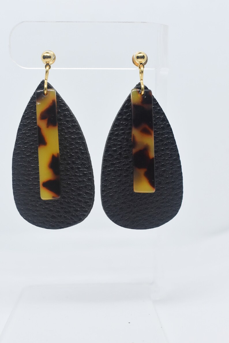 Black Leather Earrings Tortoise Shell Dangles, Teardrop Earrings Statement Earrings Leather Earrings Black Leather Teardrop Earrings