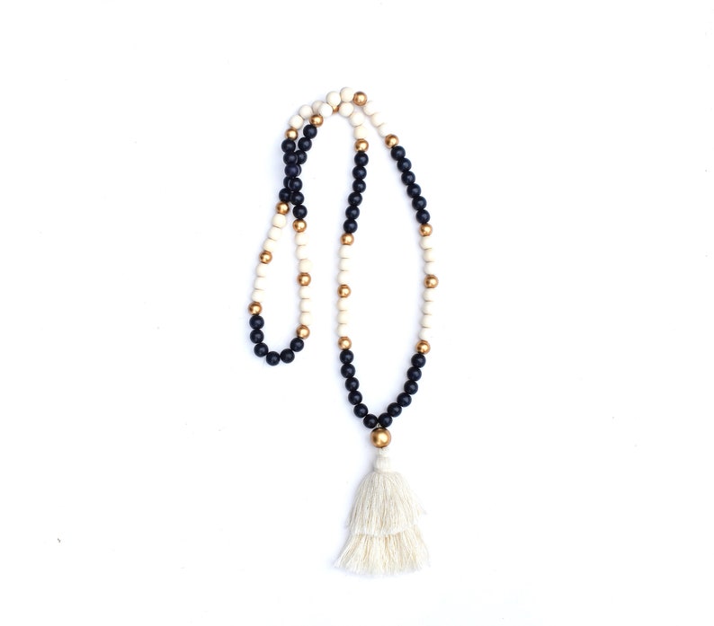 Beaded Necklace Long Bead Necklace White Black Bead Necklace White Tassel Necklace Boho Necklace Statement Necklace Tassel Necklace