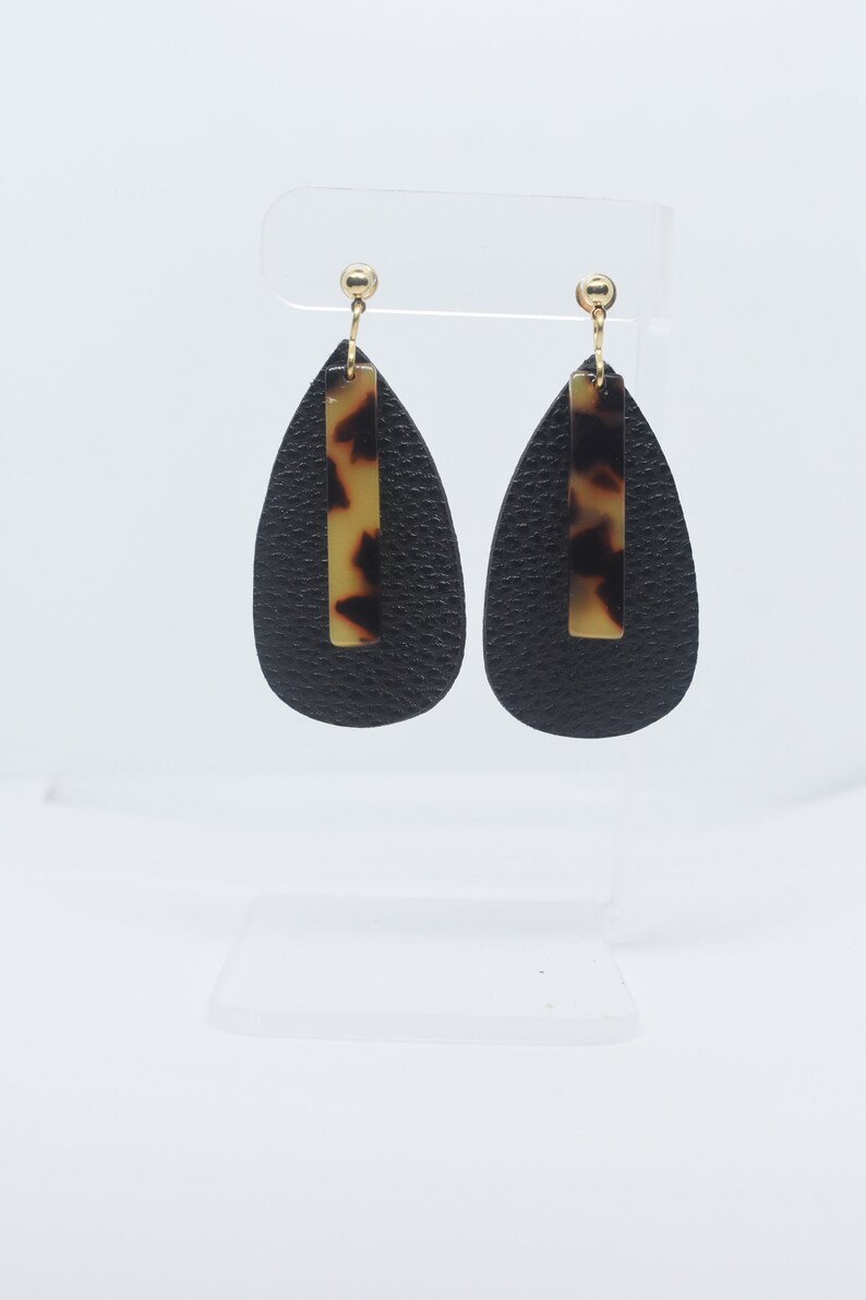 Black Leather Earrings Tortoise Shell Dangles, Teardrop Earrings Statement Earrings Leather Earrings Black Leather Teardrop Earrings