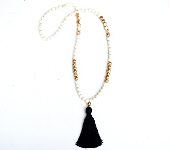 Beaded Necklace Long Bead Necklace White Black Bead Necklace White Tassel Necklace Boho Necklace Statement Necklace Tassel Necklace
