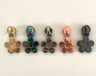 Size 5 Small Flower Zipper pull in Rainbow Iridescent, Gold, Silver, Rose Gold and Gunmetal Grey for Nylon zipper tape