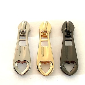 Zipper Pull size 5 Heart cut out in Gold, Silver and Gunmetal Grey