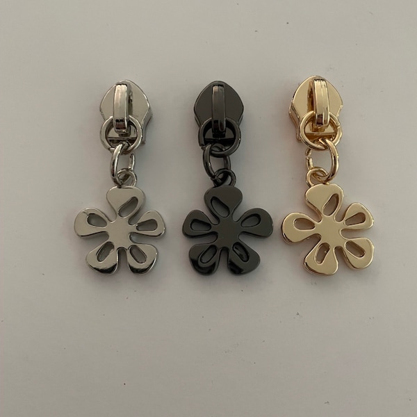 Size 5 Zipper pull Flower in Silver, Gold and Gun Metal Black