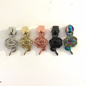 Size 5 Rose Zipper Pull, Gold, Silver, Rainbow Iridescent