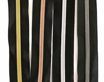 Size 5 Nylon Zipper tape Black with Gold, Rose Gold, Silver and Gun Metal Black teeth