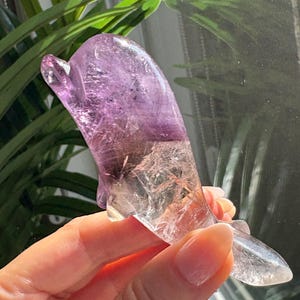 May include: A dolphin figurine carved from amethyst crystal. The sculpture features a gradient of colours, transitioning from a deep purple at the top to a clear, translucent base. The dolphin is held in a hand, showcasing its polished surface.