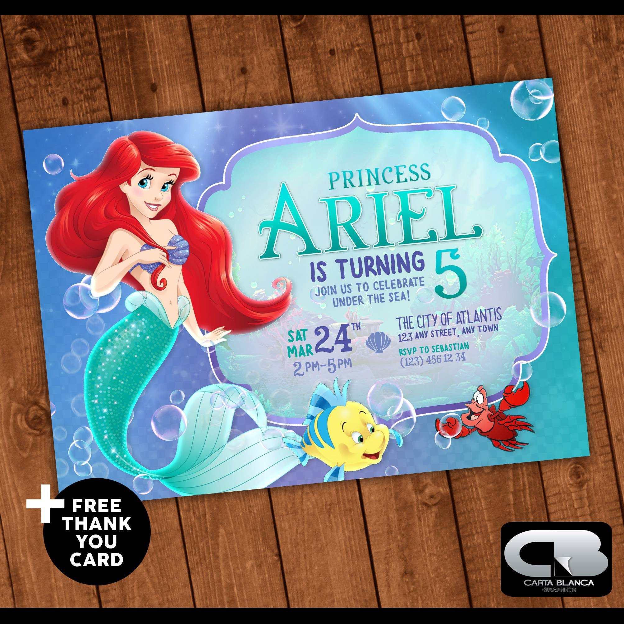 The Little Mermaid Invitation With Free Thank You Card Etsy