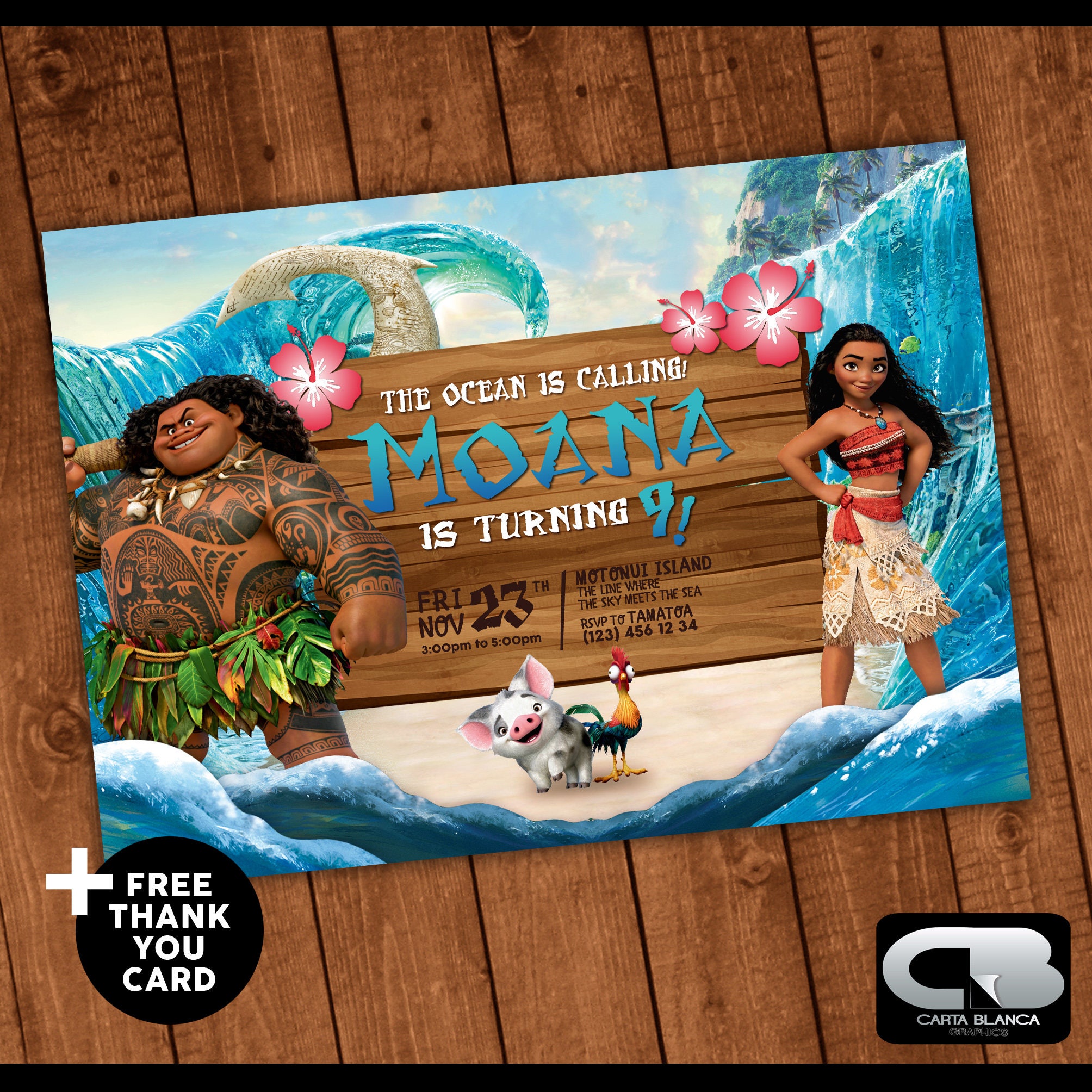 Moana Invitation with Free Thank You Card Moana Invite | Etsy