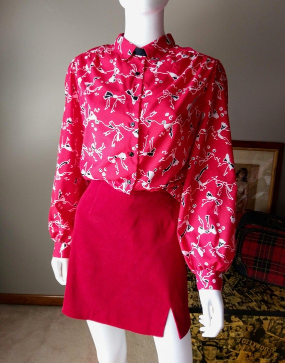 bows | 1980s red bow print button down blouse | l… - image 3