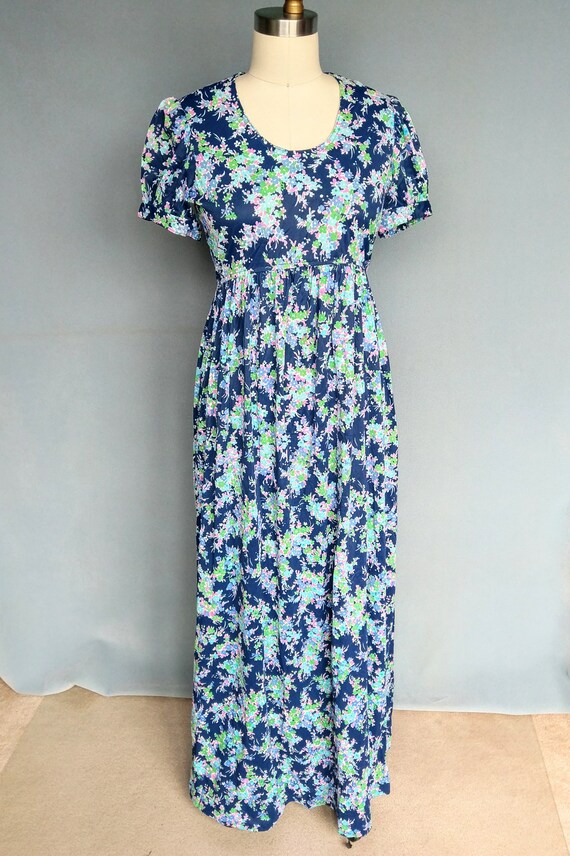 serendipity | 1970s blue floral maxi dress with puff … - Gem