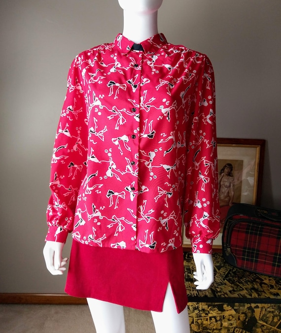 bows | 1980s red bow print button down blouse | l… - image 2