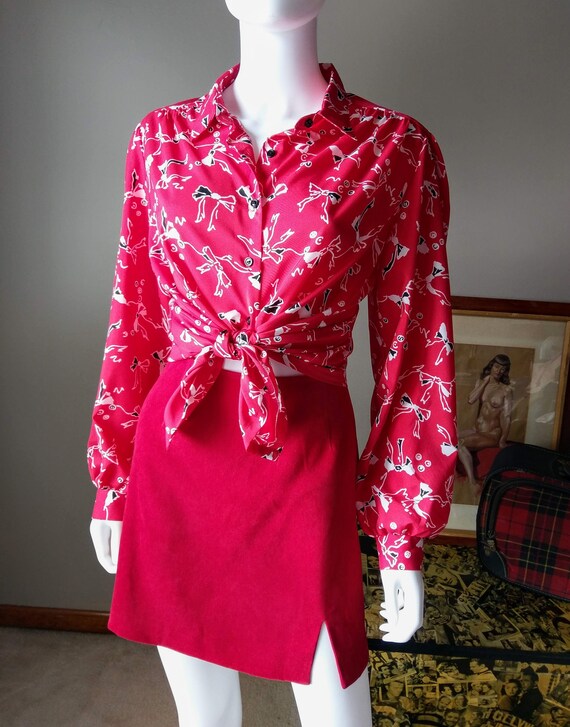 bows | 1980s red bow print button down blouse | l… - image 6