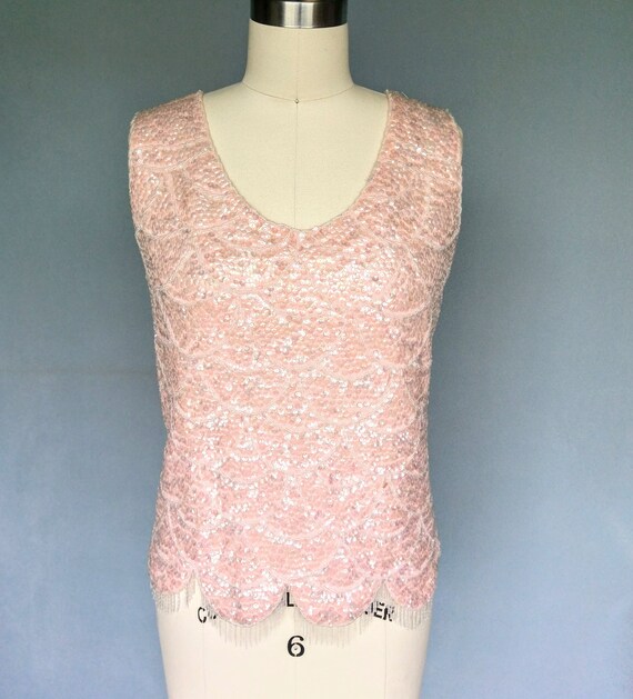 felicity | 1960s peach pink sequined knit top wit… - image 4