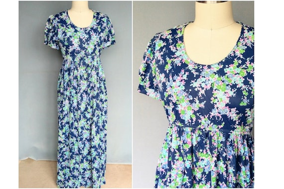 serendipity | 1970s blue floral maxi dress with puff … - Gem