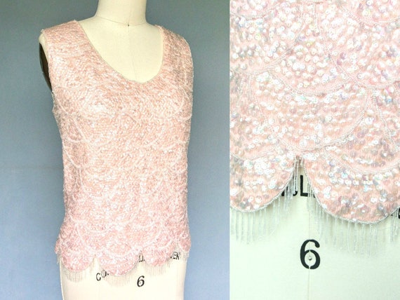 felicity | 1960s peach pink sequined knit top wit… - image 1