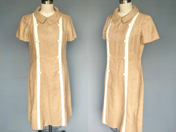 caramel delight | 1960s tan linen dress with butt… - image 1
