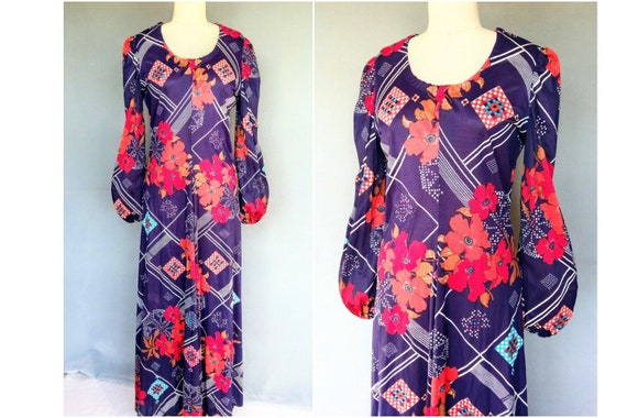 pastiche | 1970s purple floral long sleeved maxi d
