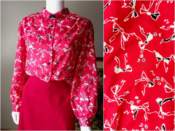 bows | 1980s red bow print button down blouse | l… - image 1