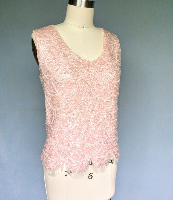 felicity | 1960s peach pink sequined knit top wit… - image 2