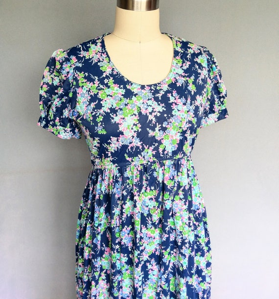 serendipity | 1970s blue floral maxi dress with puff … - Gem