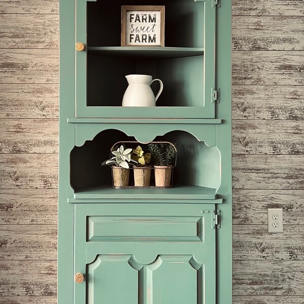 Country Green  Farmhouse Corner Hutch