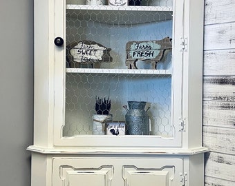 Antique Farm House Coastal Cottage White Corner Hutch Cabinet Display ...
