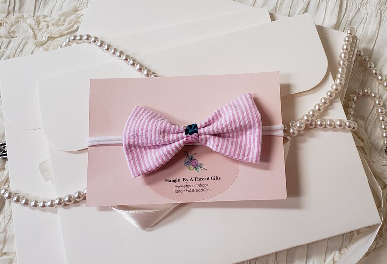 Pink White Stripe Hair Bow Pink With White Stripes Headband Etsy