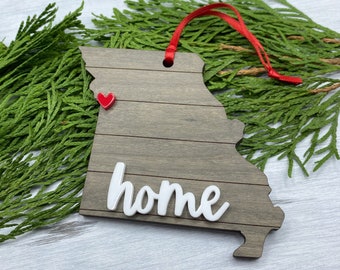 Missouri Home Ornament - Personalized MO State Ornament With Heart Over Your City - Shiplap Wood Christmas Ornament - Custom Gift Tag