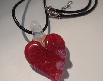 Lampwork Art Glass Heart Shaped Pendant Sparkling Red Blizzard