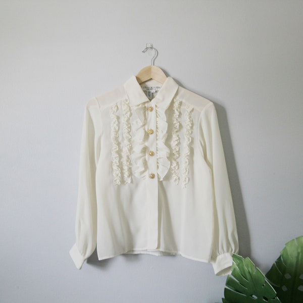 VINTAGE DAL Beige Lace Ruffle Gold Button Blouse: 90s Minimal Blouse, Long Sleeve Button Down Shirt, Vintage Ruffle Blouse, Retro Blouse